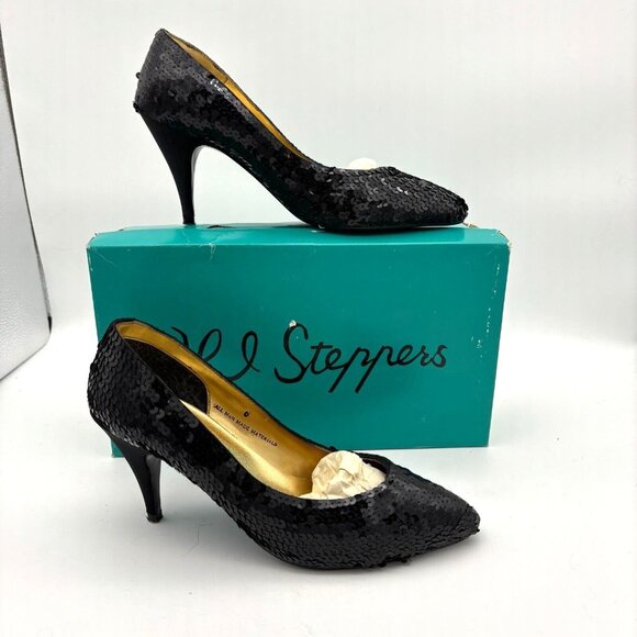 Vintage Black Pumps Sequin HL Steppers Solid Closed Toe Prom Dance Party 1990s 6 - Picture 1 of 9